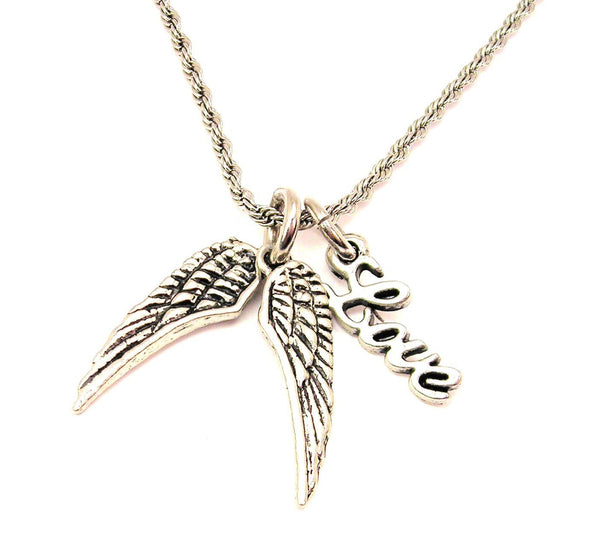 Pair Of Angel Wings 20" Chain Necklace With Cursive Love Accent