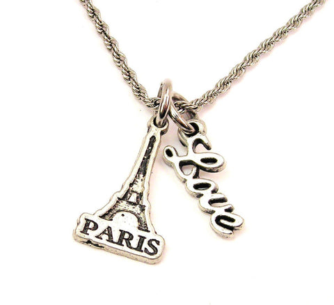 Paris With Eiffel Tower 20" Chain Necklace With Cursive Love Accent