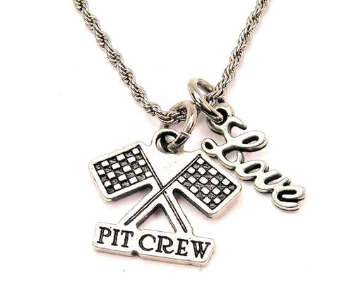 Pit Crew With Flags 20" Chain Necklace With Cursive Love Accent