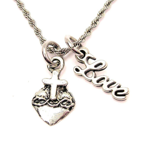 Sacred Heart 20" Chain Necklace With Cursive Love Accent