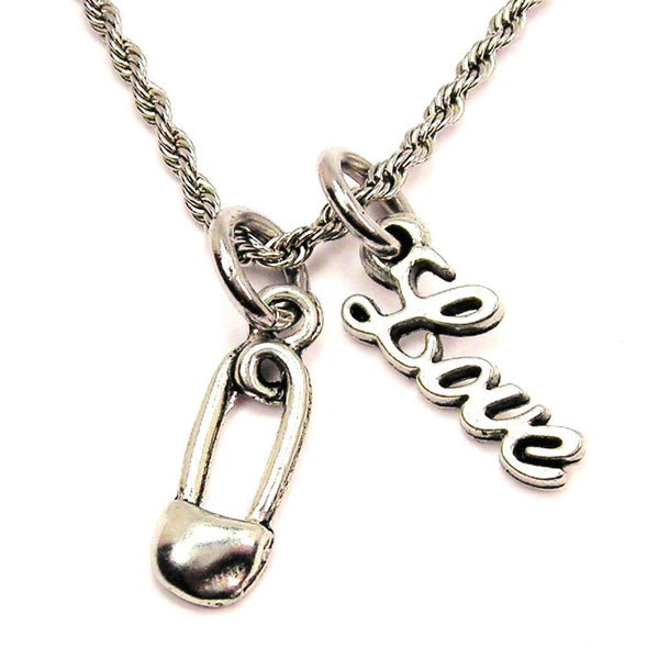 Safety Pin 20" Chain Necklace With Cursive Love Accent