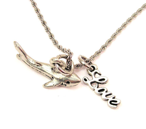 Side View Shark 20" Chain Necklace With Cursive Love Accent