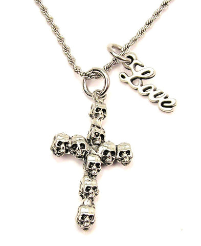 Skull Cross 20" Chain Necklace With Cursive Love Accent
