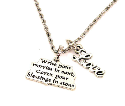 Write Your Worries In Sand Carve Your Blessings In Stone 20" Chain Necklace With Cursive Love Accent