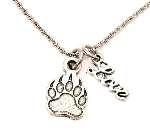 Paw With Claws 20" Chain Necklace With Cursive Love Accent