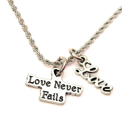 Love Never Fails 20" Chain Necklace With Cursive Love Accent