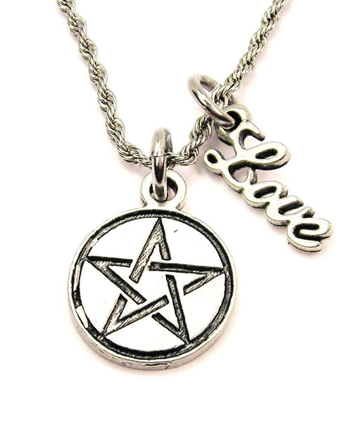 Pentacle 20" Chain Necklace With Cursive Love Accent