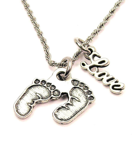 Baby Footprints 20" Chain Necklace With Cursive Love Accent