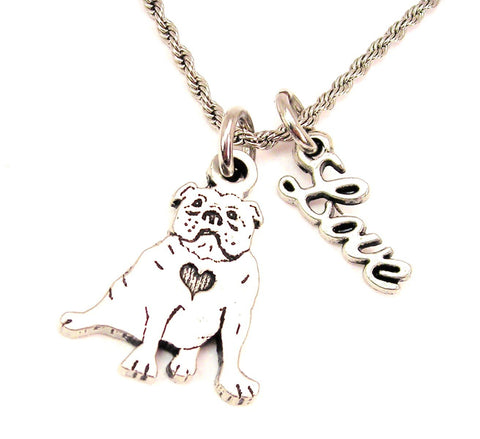 Sitting Bulldog With Heart 20" Chain Necklace With Cursive Love Accent