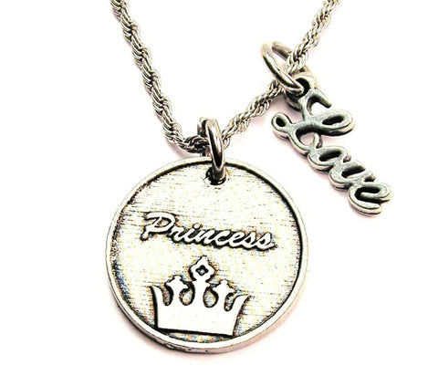Princess With Crown 20" Chain Necklace With Cursive Love Accent