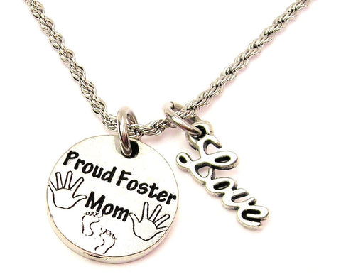 Proud Foster Mom 20" Chain Necklace With Cursive Love Accent