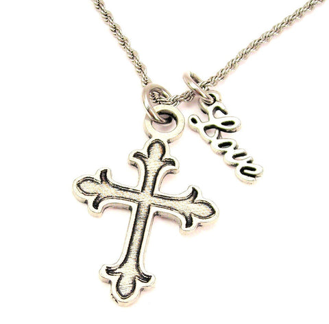 Fancy Cross 20" Chain Necklace With Cursive Love Accent