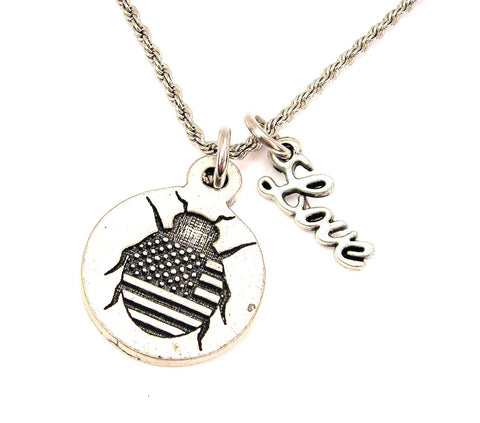American Flag Lady Bug 20" Chain Necklace With Cursive Love Accent