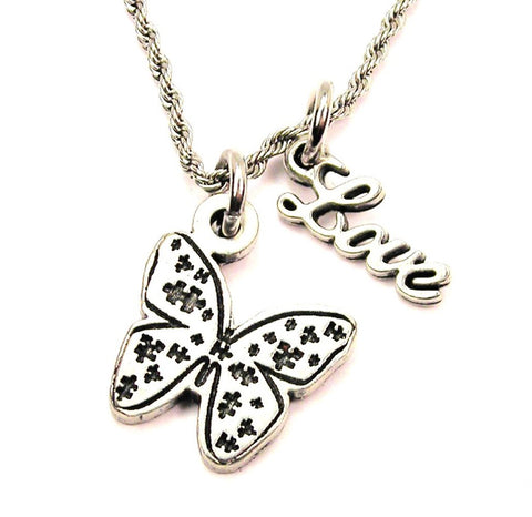 Puzzle Pieces Butterfly 20" Chain Necklace With Cursive Love Accent
