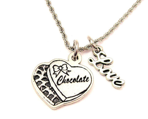 Box Of Chocolates With Bow 20" Chain Necklace With Cursive Love Accent