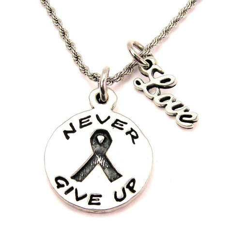 Never Give Up With Awareness Ribbon 20" Chain Necklace With Cursive Love Accent