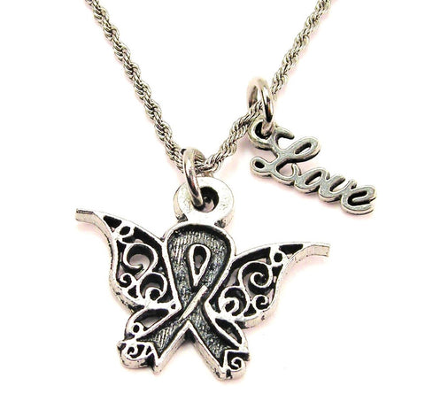 Filigree Awareness Ribbon Butterfly 20" Chain Necklace With Cursive Love Accent
