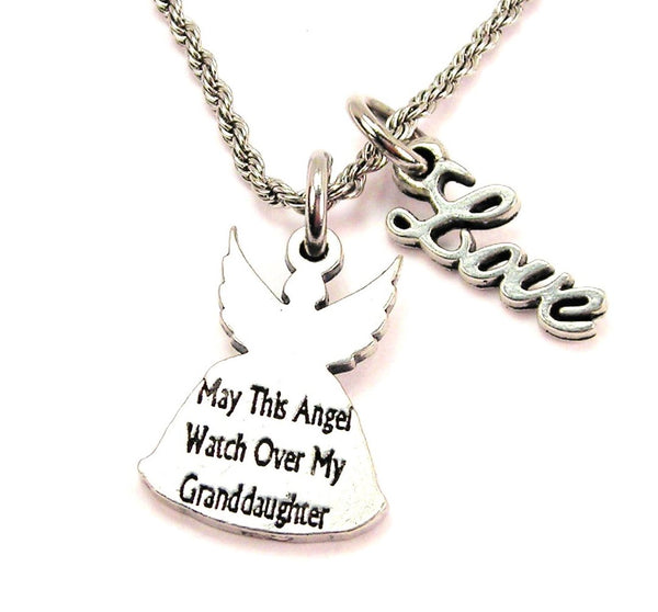 May This Angel Watch Over My Granddaughter 20" Chain Necklace With Cursive Love Accent