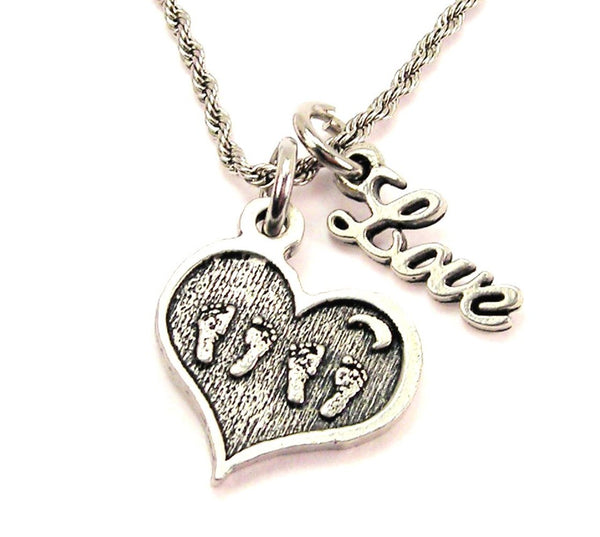 Twin Footprints In Heart 20" Chain Necklace With Cursive Love Accent