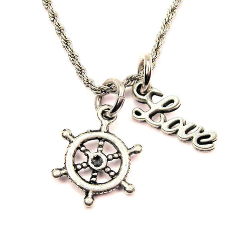 Ship Helm 20" Chain Necklace With Cursive Love Accent