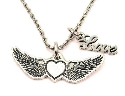Heart With Wings 20" Chain Necklace With Cursive Love Accent