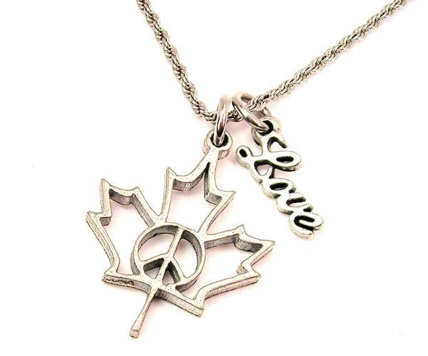 Maple Leaf With Peace Sign 20" Chain Necklace With Cursive Love Accent