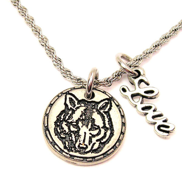Wolf Face Circle 20" Chain Necklace With Cursive Love Accent