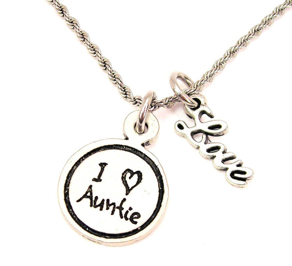 I Love Auntie Child Handwriting 20" Chain Necklace With Cursive Love Accent