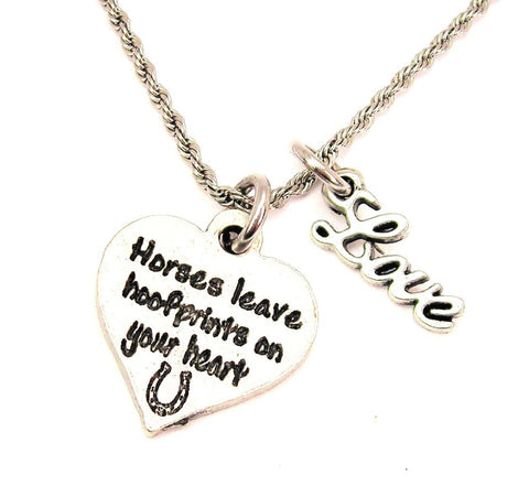 Horses Leave Hoofprints On Your Heart 20" Chain Necklace With Cursive Love Accent