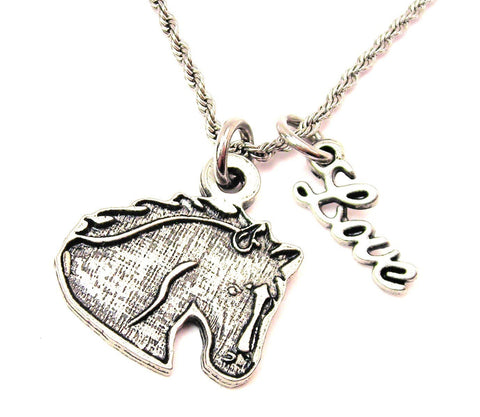 Stallion Head Silhouette 20" Chain Necklace With Cursive Love Accent