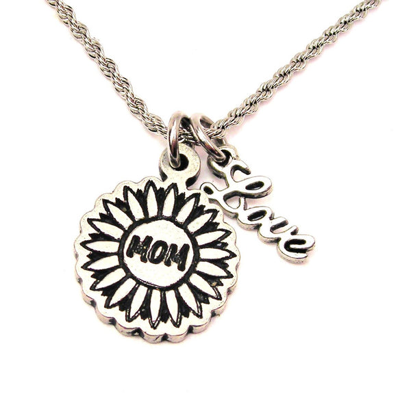 Mom Flower 20" Chain Necklace With Cursive Love Accent