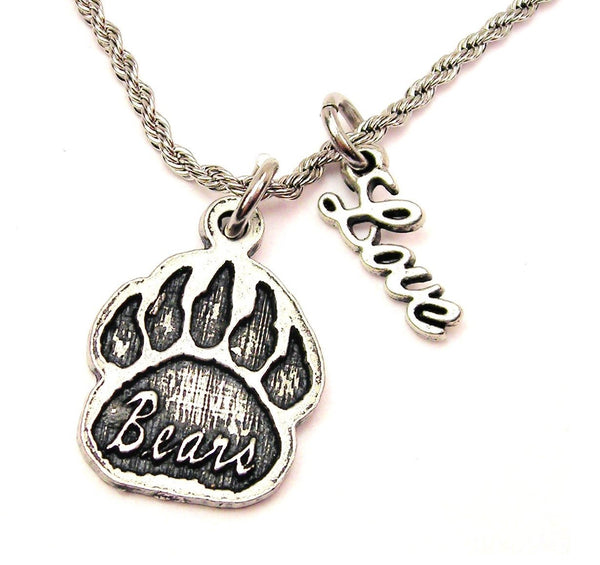 Bears Paw Print 20" Chain Necklace With Cursive Love Accent