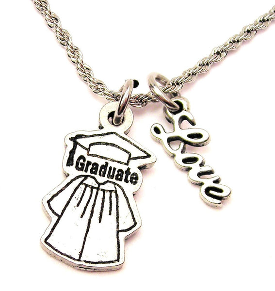 Graduate Cap And Gown 20" Chain Necklace With Cursive Love Accent