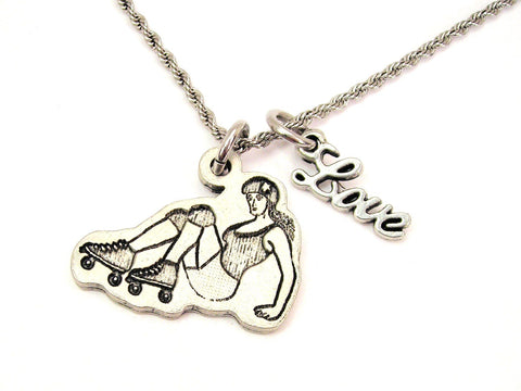 Roller Derby Girl On All Fours 20" Chain Necklace With Cursive Love Accent