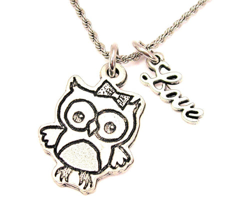 Cute Owl With Bow 20" Chain Necklace With Cursive Love Accent