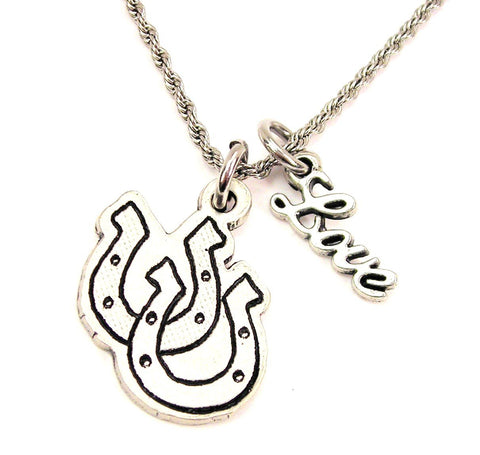 Pointed Double Horseshoes 20" Chain Necklace With Cursive Love Accent