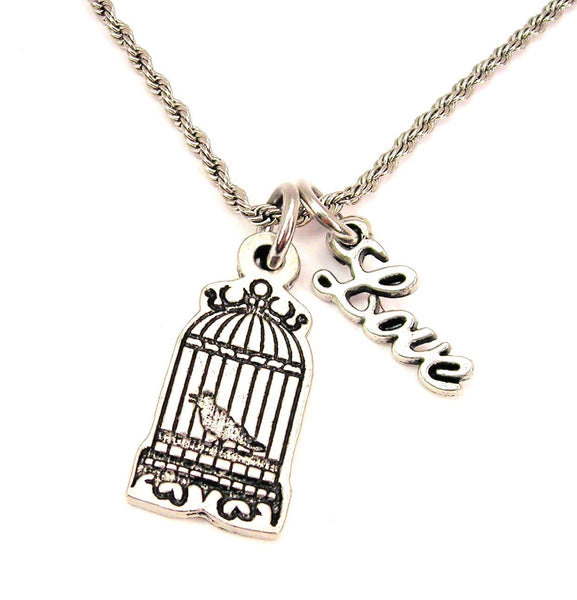 Caged Bird 20" Chain Necklace With Cursive Love Accent