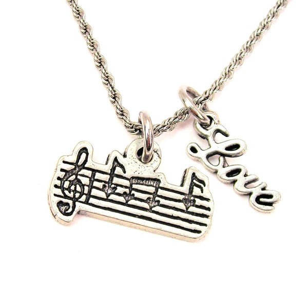 Musical Bar 20" Chain Necklace With Cursive Love Accent