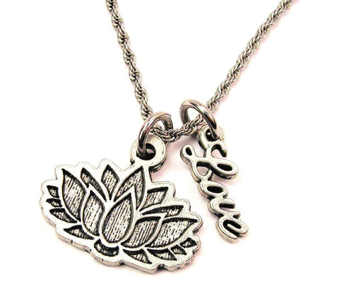Detailed Lotus Flower 20" Chain Necklace With Cursive Love Accent