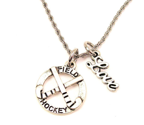 Field Hockey With Sticks 20" Chain Necklace With Cursive Love Accent