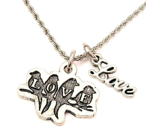 Love Birds On A Branch 20" Chain Necklace With Cursive Love Accent