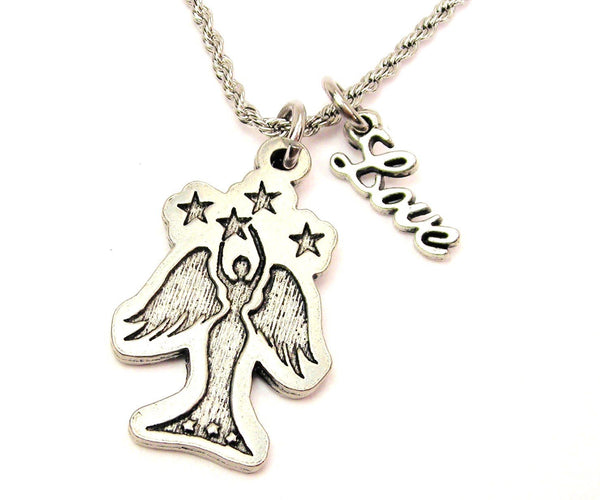 Angel With Stars 20" Chain Necklace With Cursive Love Accent