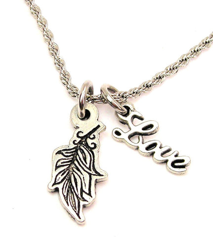 Angel Feather 20" Chain Necklace With Cursive Love Accent