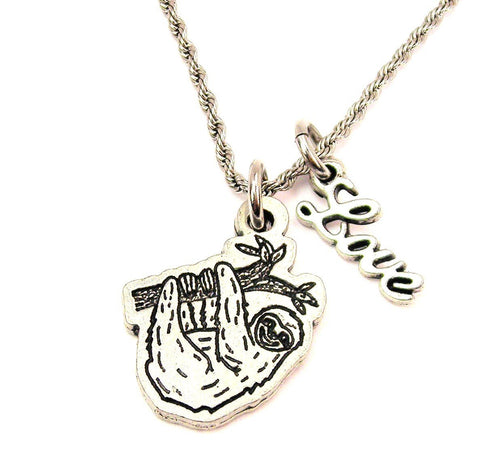Sloth Hanging Around 20" Chain Necklace With Cursive Love Accent