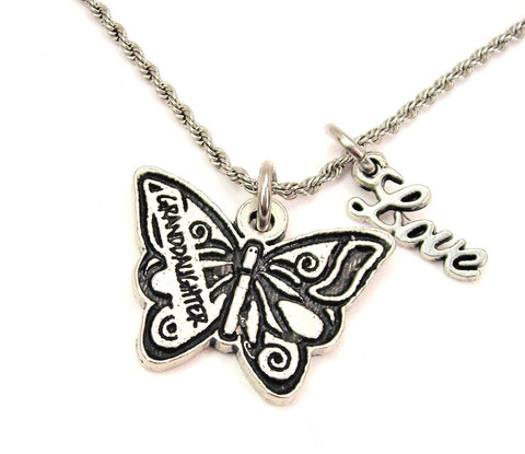 Granddaughter Butterfly 20" Chain Necklace With Cursive Love Accent