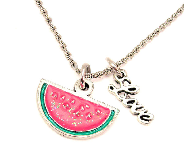 Summer Watermelon Slice Hand Painted Epoxy 20" Chain Necklace With Cursive Love Accent