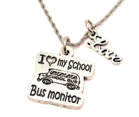 I Love My School Bus Monitor 20" Chain Necklace With Cursive Love Accent