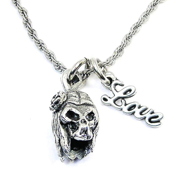 Day Of The Dead Female Skull With Long Hair And A Rose 20" Rope Necklace With Love