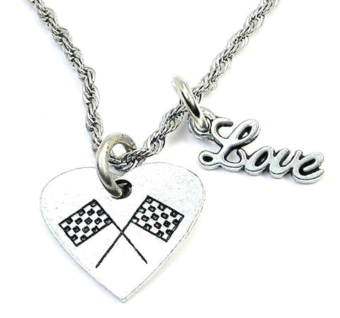 Crossed Race Flags In A Heart 20" Rope Necklace With Love