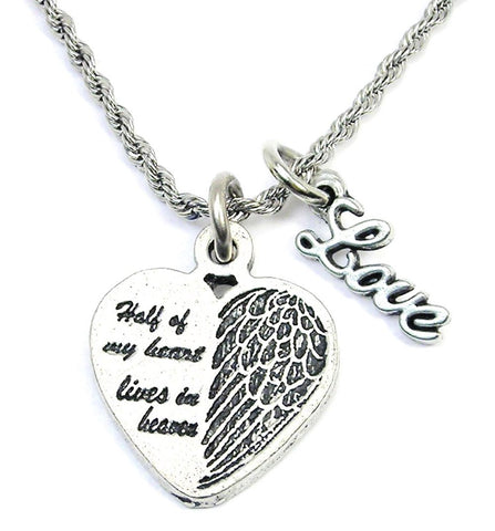 Half Of My Heart Lives In Heaven Heart With Half Wing 20" Rope Necklace With Love